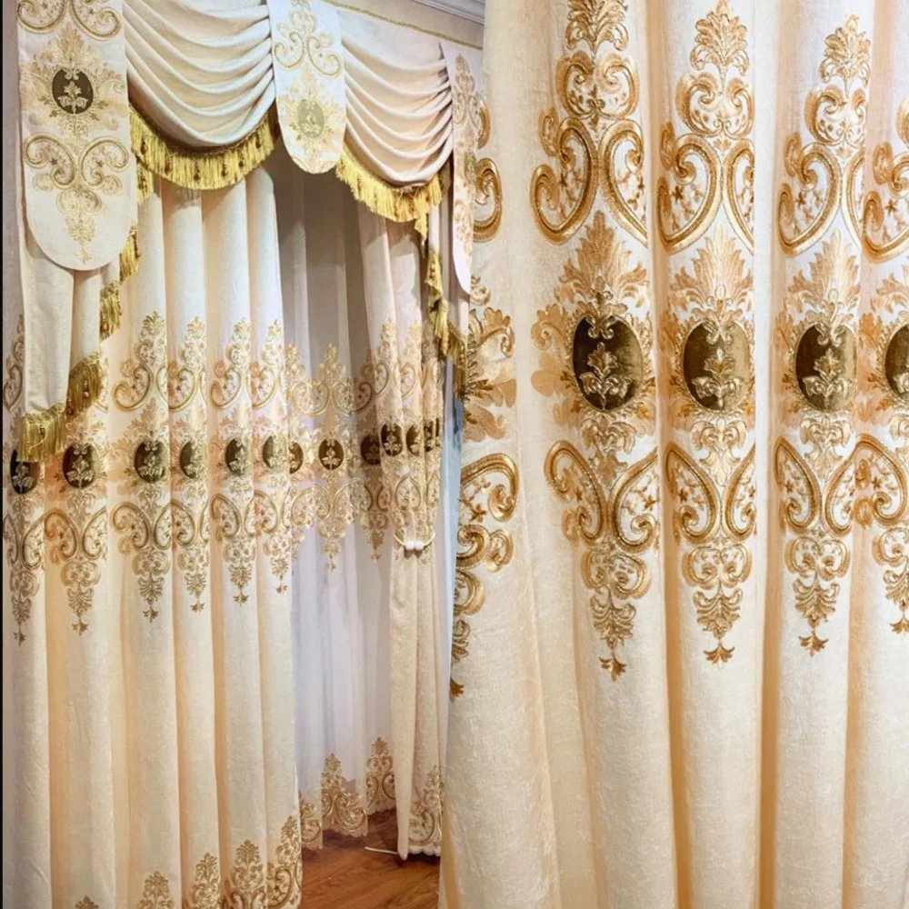 

Champagne European living room chenille gold embroidered curtains cloth bedroom window screen curtains