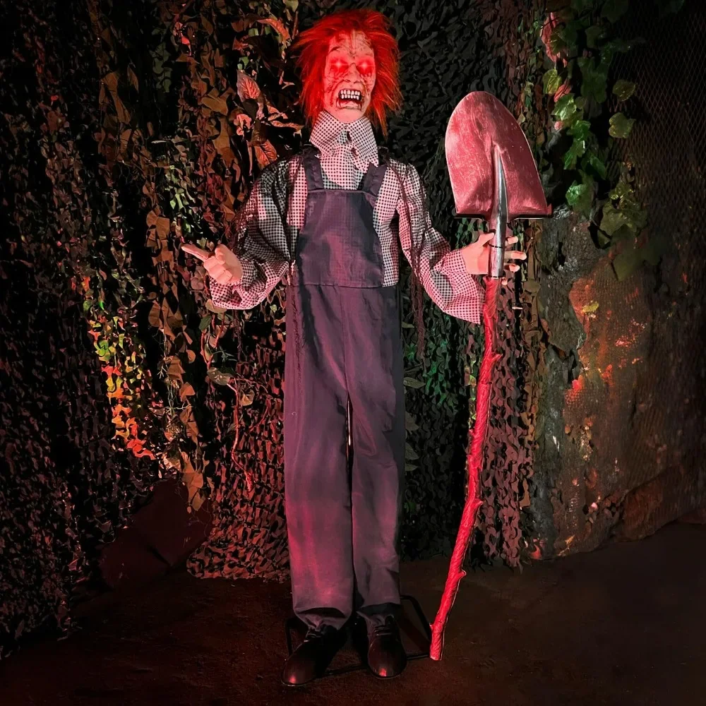 

Lifesize Animatronic Talking Grave Digger with Shovel with Touch Activated Lights , Battery-Operated , Halloween Decoration