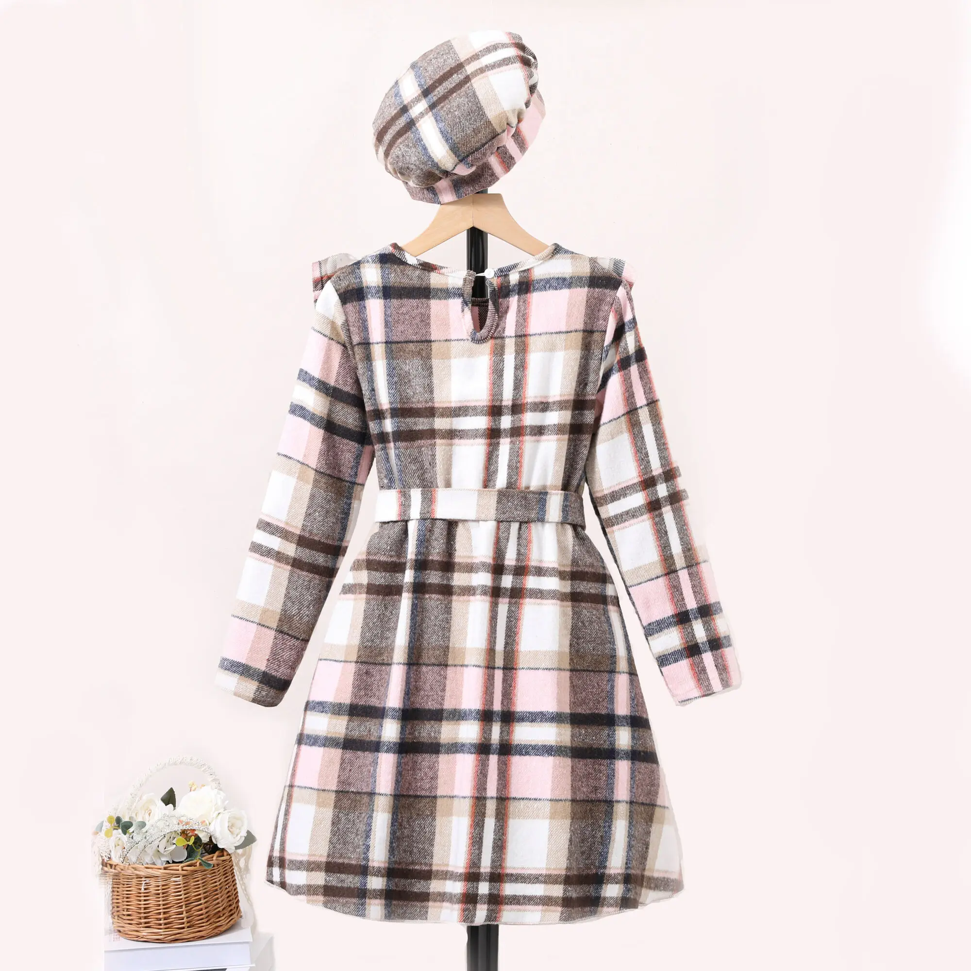 Autumn New Kids 8-11 Years Brown Pink Plaid Long-Sleeved + Beret For Girls Elegant Vacation Holiday Dress