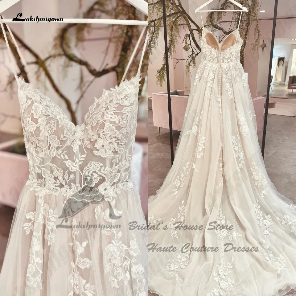 Lakshmigown Vintage A Line Beach abito da sposa in pizzo Applique Robe Mariage Femme 2023 Champagne Boho abiti da sposa Spaghetti Strap