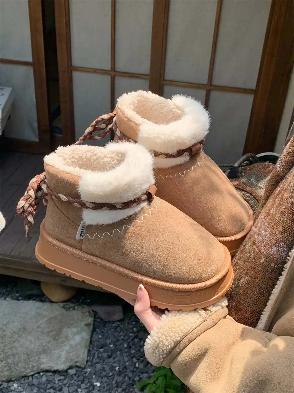 women snow boots 2026 New Women Ethnic Woven Strap Snow Boots Thick Sole Fleece Lined Warm Anti Slip Winter Outdoor Cotton Shoes