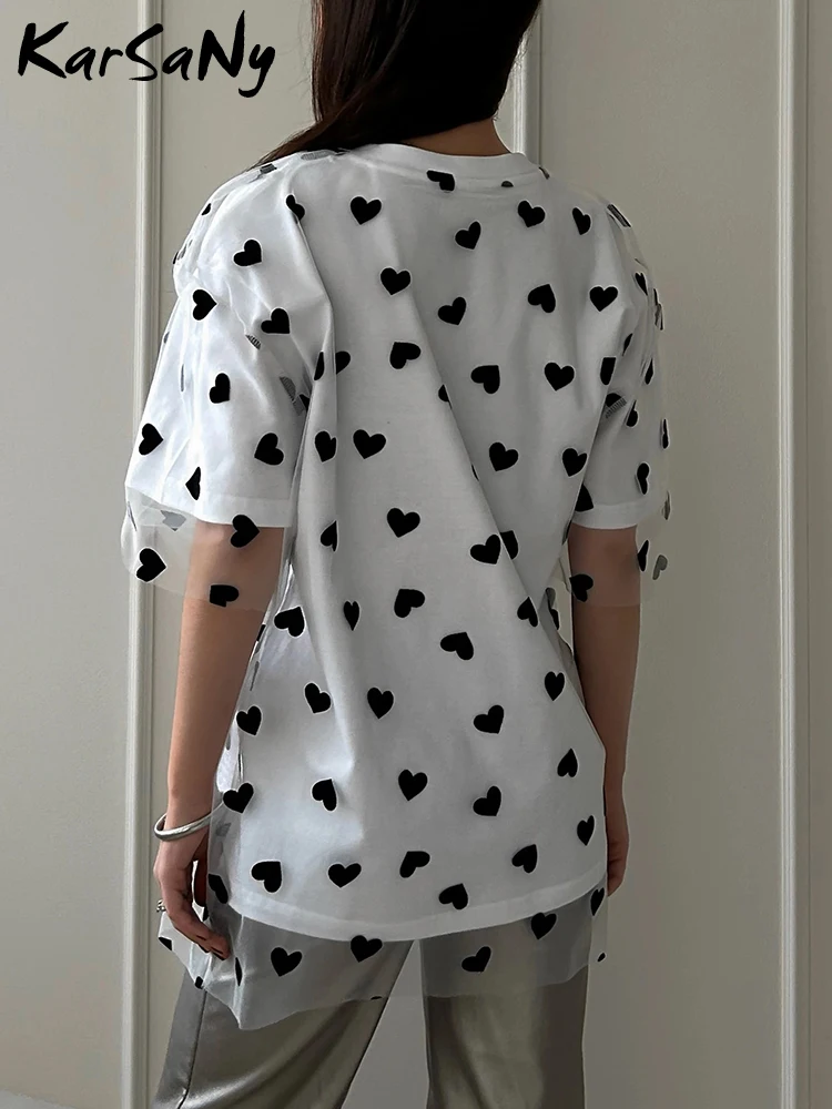 KarSaNy Heart Mesh T Shirt Women Short Sleeve Oversized Top Tees Cotton Basic Splicing Loose Fake Two Piece T Shirt For Women
