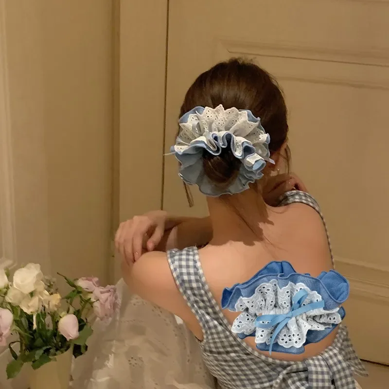 

Large Denim Double layered Hair Scrunchies With Lace for Girls and Women Elastic Hair Bands Nordic Style Hair Accessories