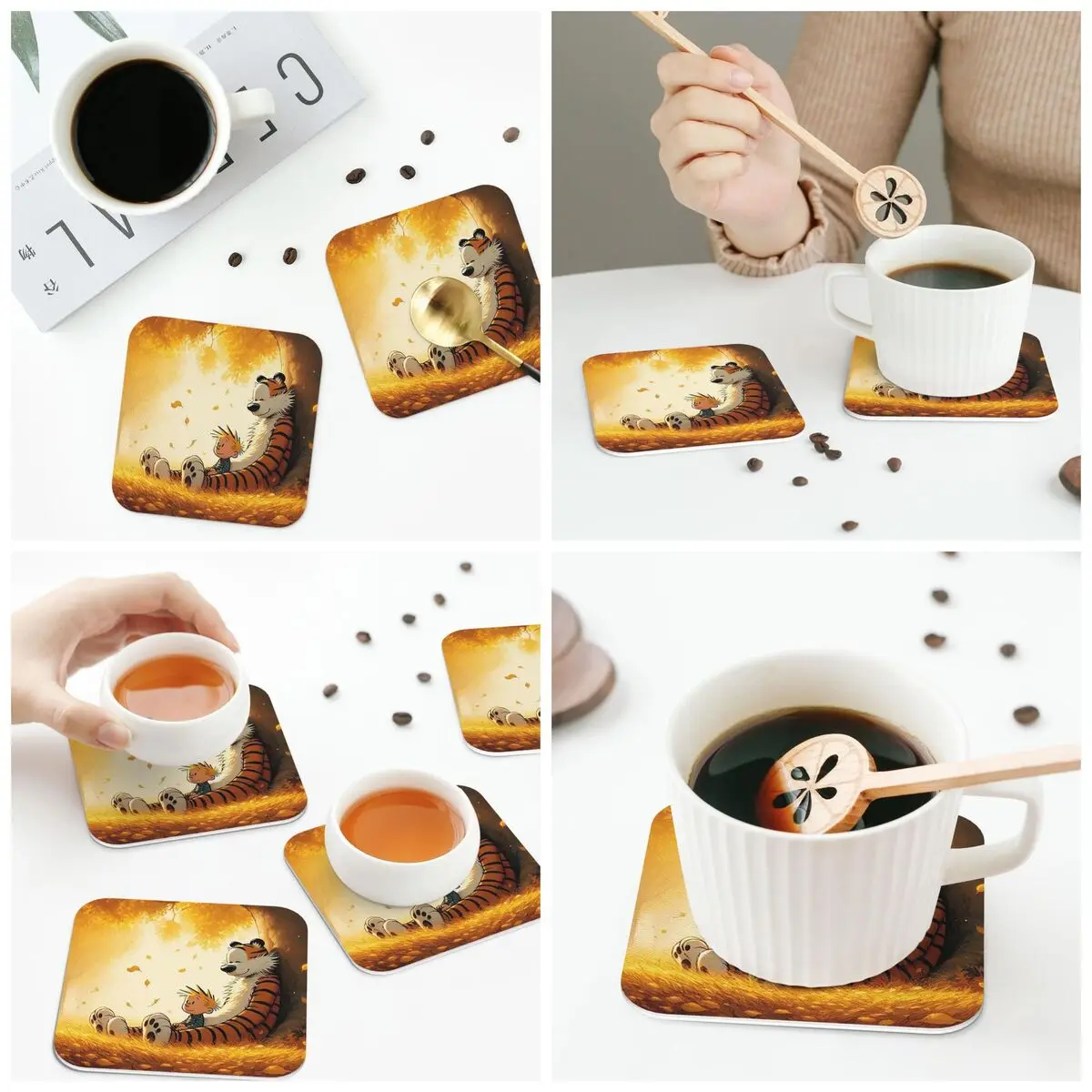 Calvin Hobbes Classic Coasters Kitchen Placemats Non-slip Insulation Cup Coffee Mats For Decor Home Tableware Pads Set of 4