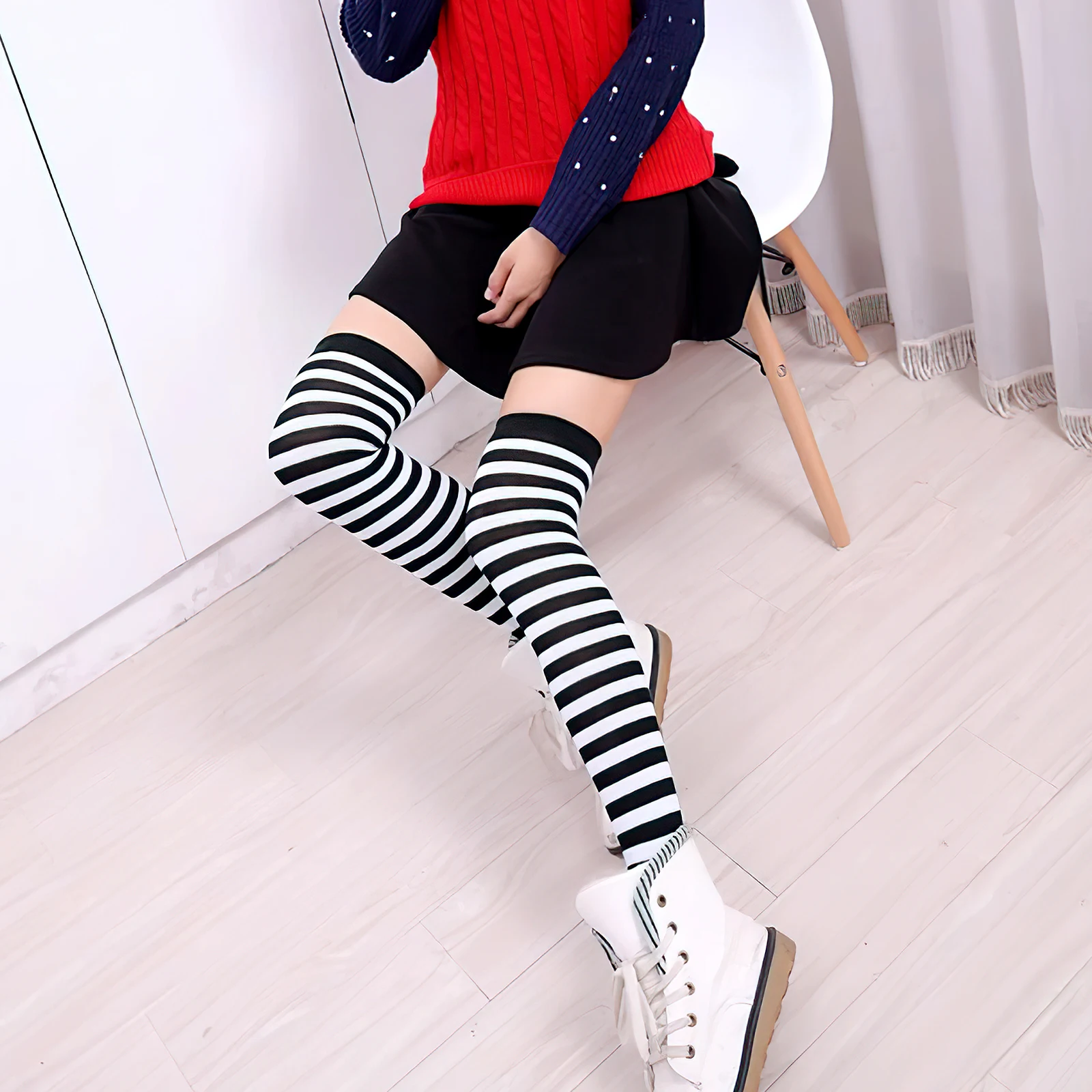 

Black White Pinstriped Thigh High Stocking Women Warm Knee Socks Cosplay Festival Christmas Stage Shows OvertheKnee Socks Ladies