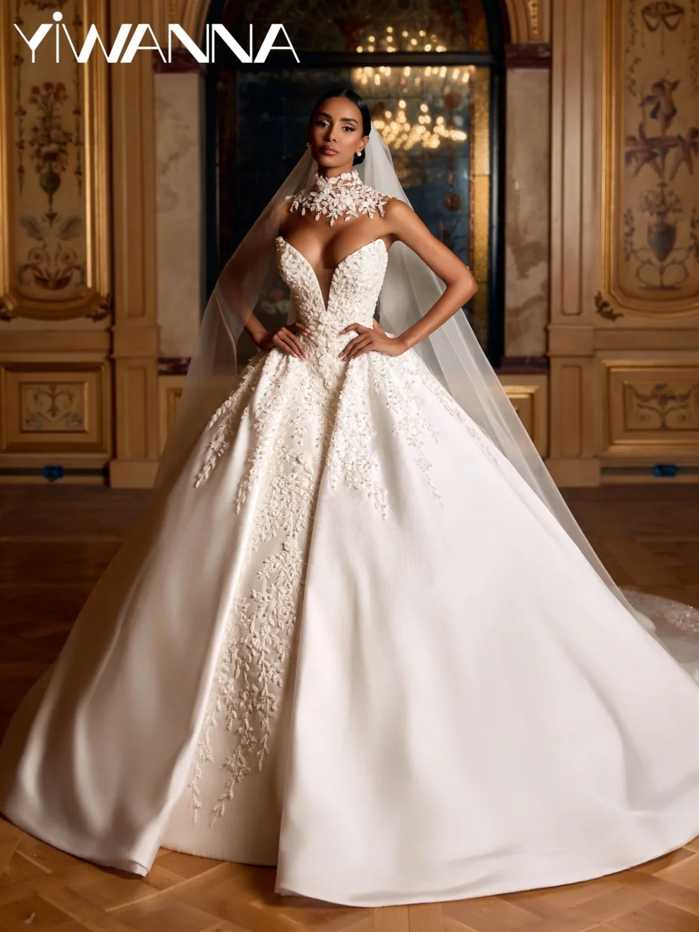 

New Arrival Dreamy Beaded Wedding Dress Satin Elegant Vneck Sleeveless Bridal Gown Customized Opulent Floral Dresses For Bride