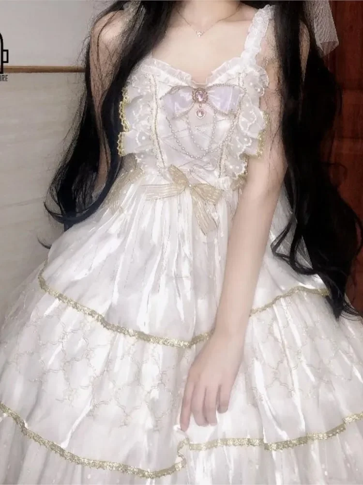 Hstar Summer Sweet Lolita Jsk Dress Women Elegant Lace Bow Ruffles Flowers Wedding Girly Love Poems Party Princess Slip Dress