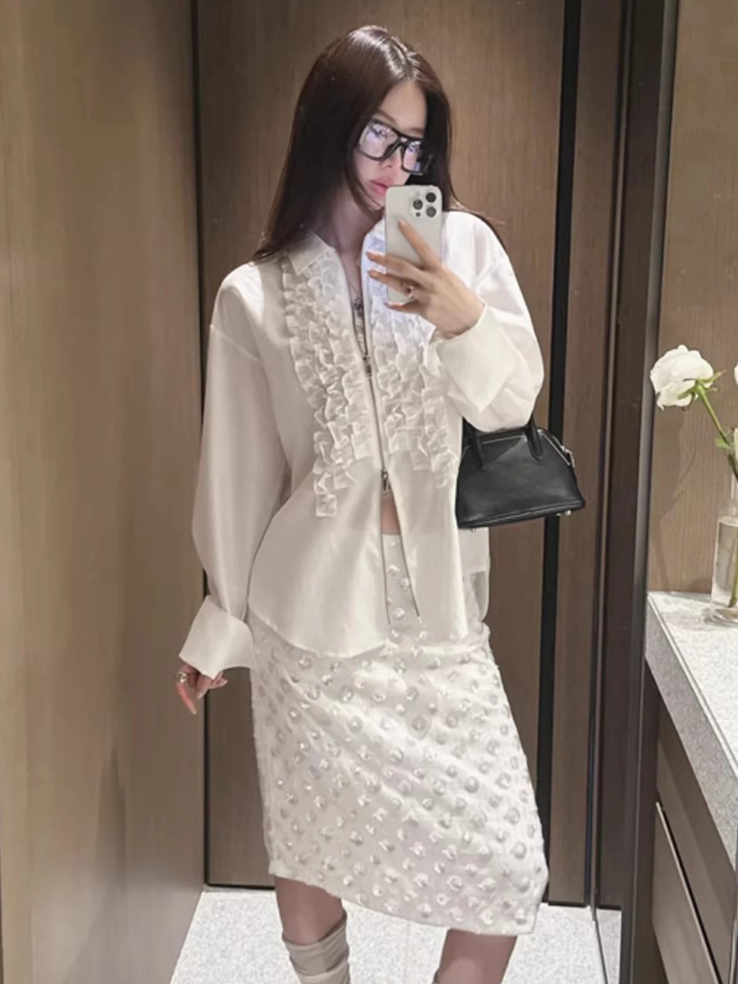 

Spring New Sweet Anti-aging Double Zipper Design Earlet Lace Trim Long Sleeve Women's Shirt Top Korean Style Loose Fit Polyes...