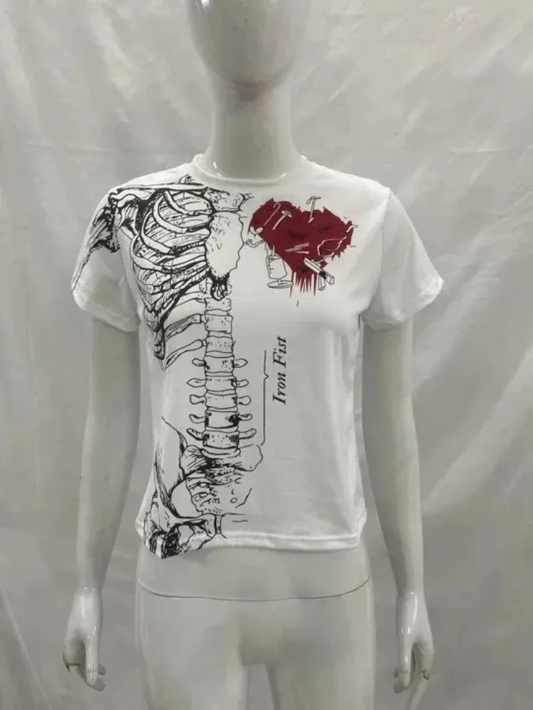 T-shirt High Street gotica retrò T-shirt da donna estiva classica versatile alla moda Estetica Harajuku Top stampato con teschio scuro