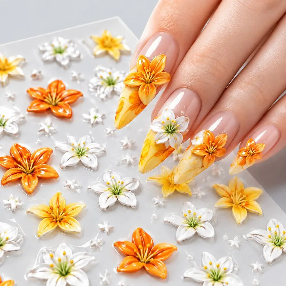 1Pc Professional Nail Salon 5D Floral Lily Decals Embossed Flower Self Adhesive Stickers Sliders Acrylic UV Gel Nails Manicure