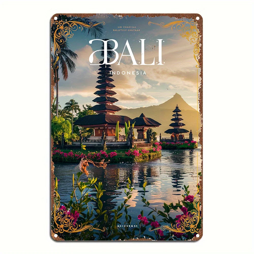 - Vintage Bali Indonesia Metal Wall Art Sign -  Aluminum  Decor Plaque with Intricate Pagoda & Floral Design, Easy to Hang, Dur