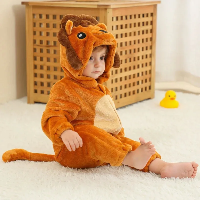 Body bonito de León para bebé, disfraz de franela para niño pequeño, disfraz de Animal con orejas y cola, pijamas cálidos con cremallera para otoño e invierno