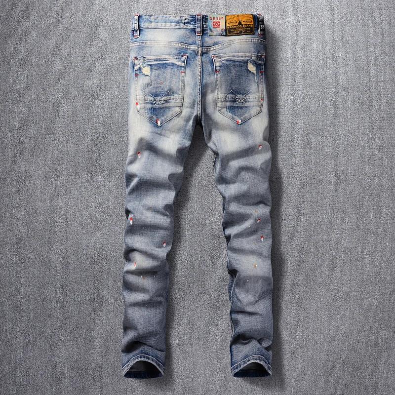 Newly Designer Fashion Men Jeans Retro Washed Blue Elastic Stretch Slim Fit Painted Ripped Jeans Men Patched Vintage Denim Pants