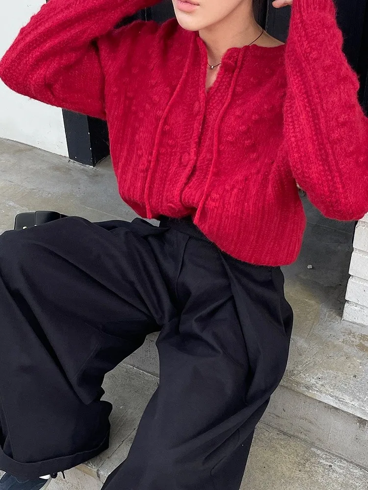 

Red Knitted Open Cardigan Women's Chic Versatile Loose Bouclé Sweater Jaet Ele Top Chinese Brand Winter Regular Length