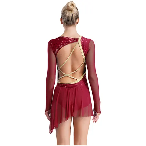 Imagen 2 del producto Vestido de patinaje artístico de manga larga para mujer, falda tutú de malla transparente con diamantes de imitación brillantes, vestido de leotardo de baile para gimnasia y Ballet, Ropa de baile