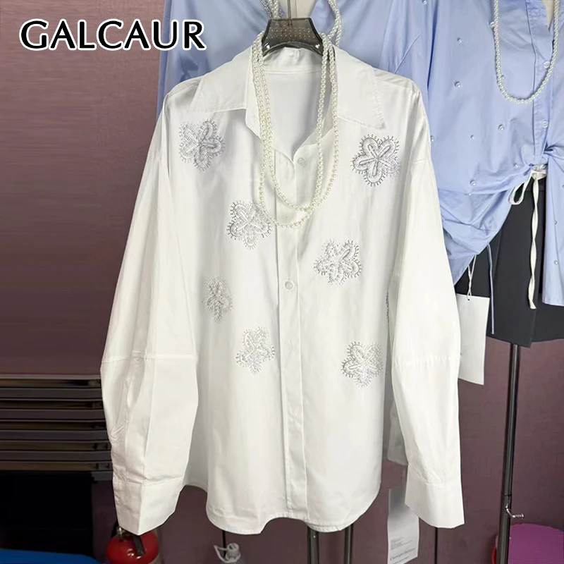 

GALCAUR Solid Loose Spliced Bead Blouse for Women Lapel Long Sleeves Patchwork Single Breasted Temperament Top Female Clothing