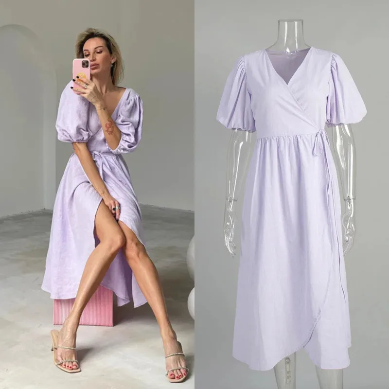 Elegant 100% Cotton Belted Mid-Sleeve Maxi Dress Spring Summer New Puff Sleeve Cocktail Dress Fashion Women's Evening Dress