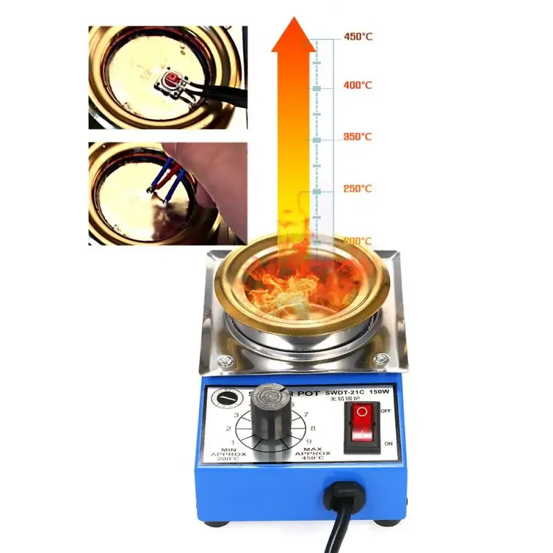 Pote de solda 100/150/250/300w, forno de fusão de estanho, termorregulação, banho de dessoldagem, 200 ~ 450 graus centígrados + adaptador universal