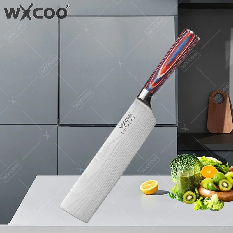 

WXCOO 1PCS Damascus Laser Kitchen Knives Red Wooden Handle Professional Meat Cleaver Utility Knife Boning Knife Fruit Slicing