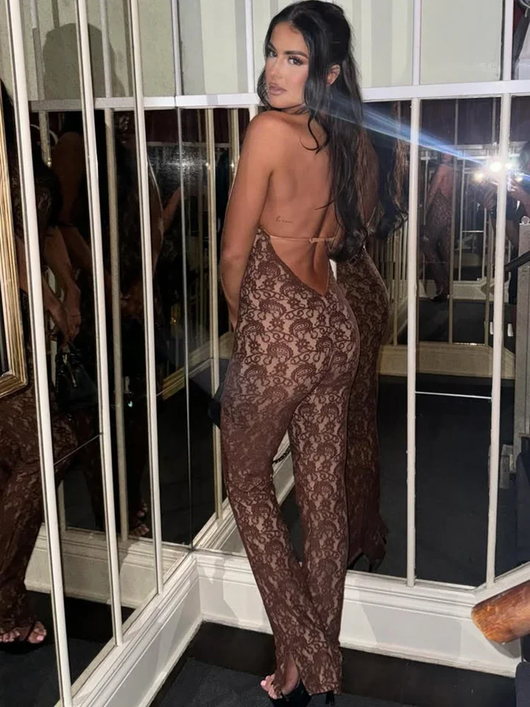 

2026 Lace Backless Sexy Jumpsuit Women Rompers Halter Off-shoulder Sleeveless Skinny Club Party Jumpsuits Female Clothes