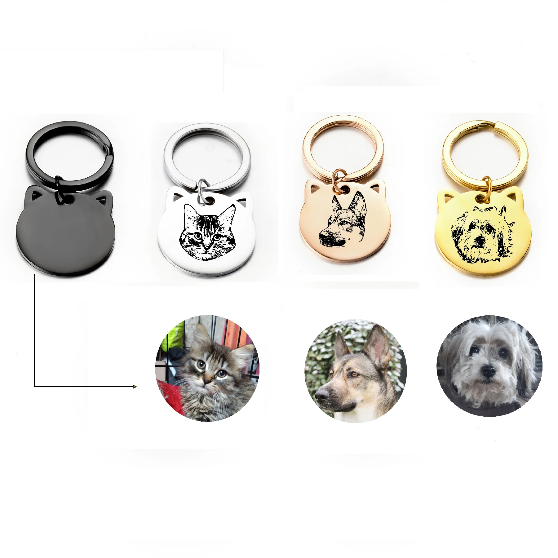 28X29mm Mirror Polishing Stainless Steel lovely Cat Pendant Keychain Metal Custom Pet Picture Logo DIY Dog Tag