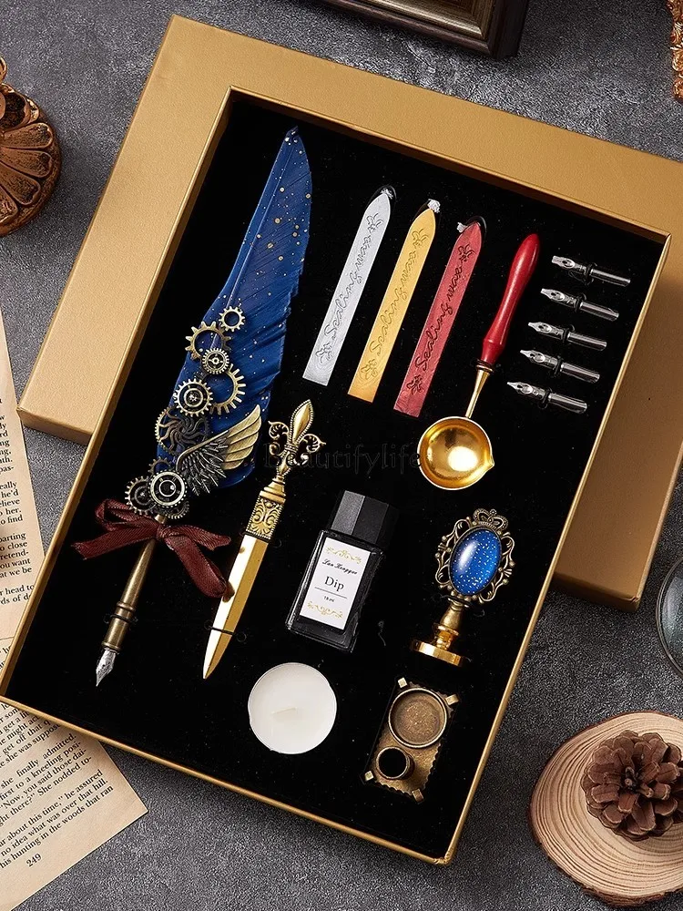 Retro Feather Pen Gift Box Birthday Gift Mechanical Gear