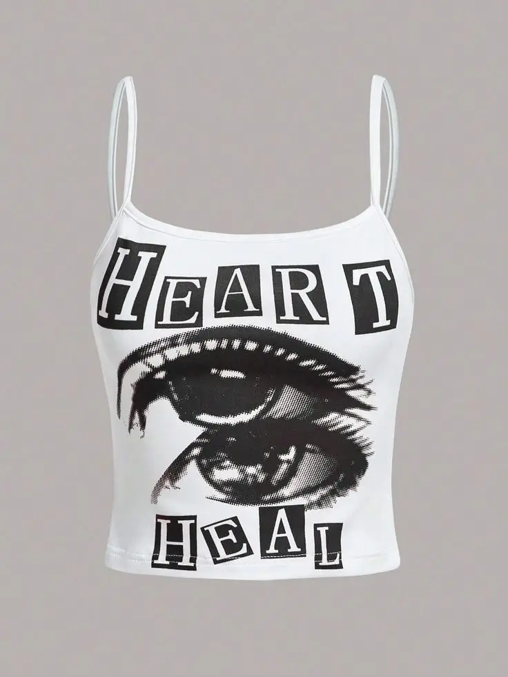 Blue Eye Heart Heal Print Women Cami Top Y2K Spaghetti Strap Slim Fit Summer Crop Tank