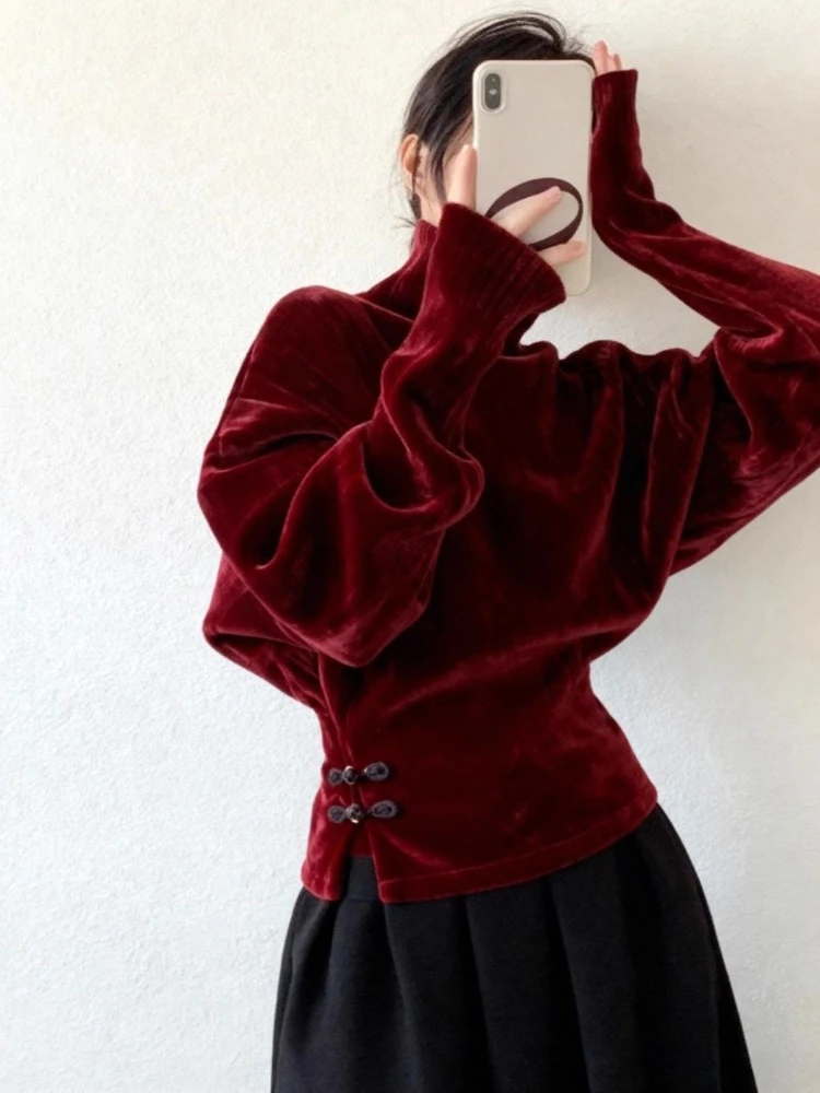 Chinese Style Shirts Turtleneck Long Sleeve Solid Color Forked Slim Waist Design Blouses Fashion Elegant Tops Women's Clothing