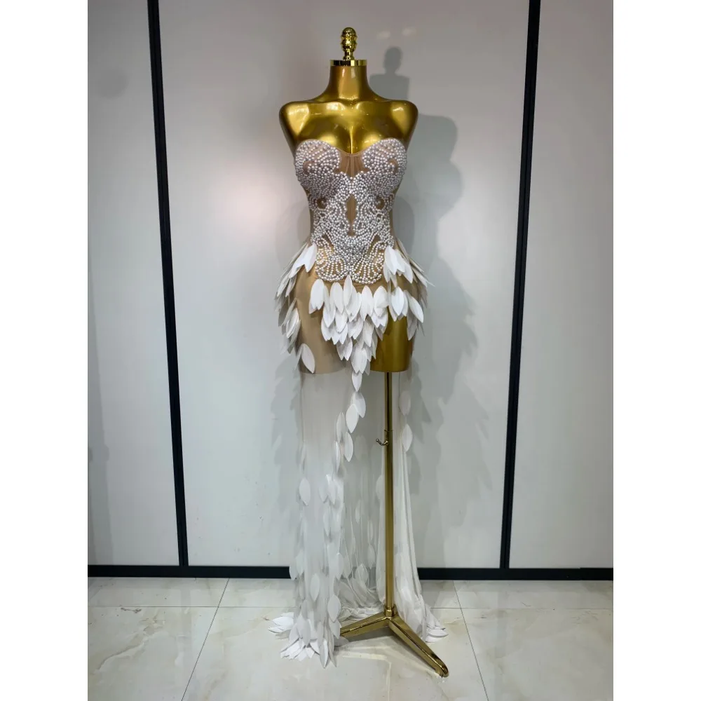 Elegant Pearl Dress Sexy Transparent Mesh Maxi Long Dresses Women Evening Party Wedding Gown Red Carpet Celebrity Stage Outfit