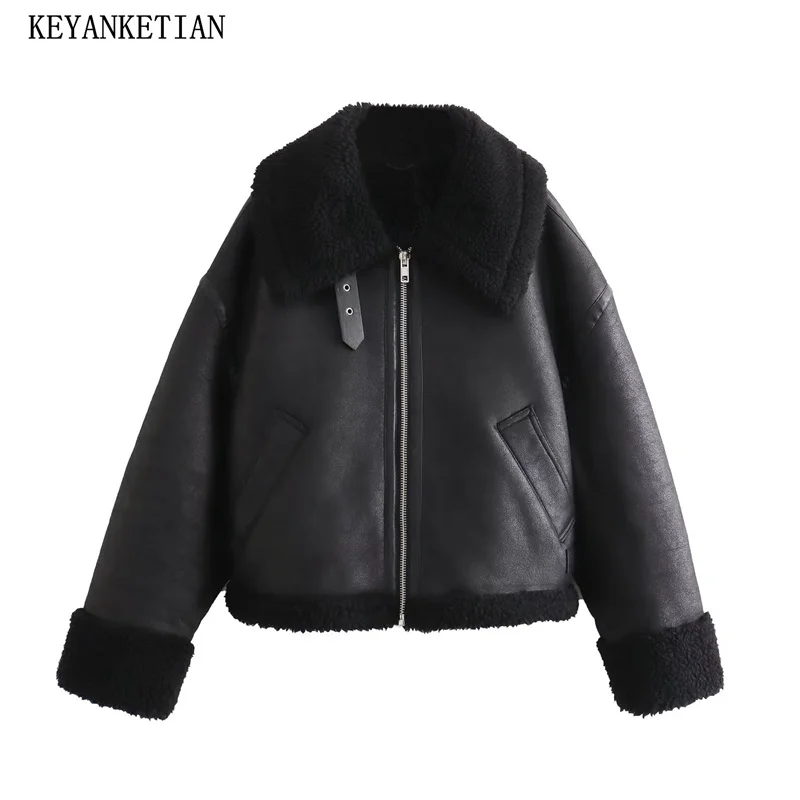 Keyanketian-Casaco acolchoado de pele dupla para mulheres, casaco de inverno, couro artificial, corte de cinto, grosso quente, Zip-Up Crop Top, novo