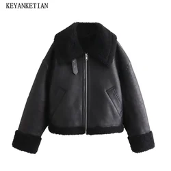 KEYANKETIAN Winter New Women Double Faced Fur Cropped Padded Jacket Coat Artificial leathe Belt trim Thick Warm Zip-up Crop Top