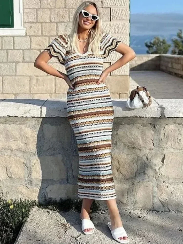 Ladies Chic Contrast Striped Knitted Maxi Summer Dress Women Short Sleeve High Waist Vestidos Casual Beach Holiday Dress Female