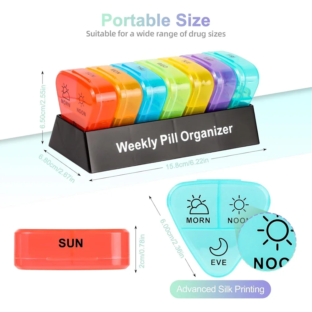 Pill Organizer 3 Times a Day, Sealed Weekly Pill Box 7 Day, Large Daily Pill Box Organizer with 21 Compartments to Hold Pills