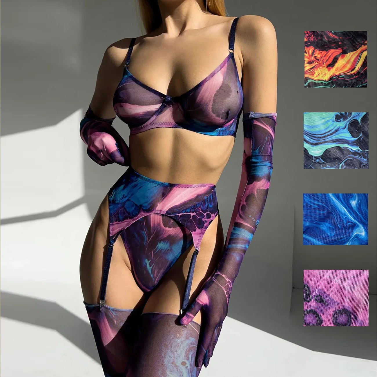 Sexy​ ​Lingerie Set Porn Tie Dye Colorful Lace Mesh Underwear Stockings Gloves New in Women\'s Sleepwear See Through Bra Outfits