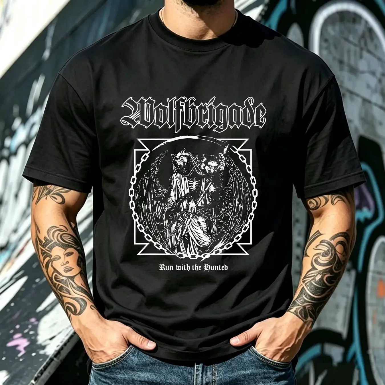 washed T Shirt WOLFBRIGADE Run With The Hunted Official D Beat Crust Punk Discore Discrust Swedish Hardcore vintage Washed