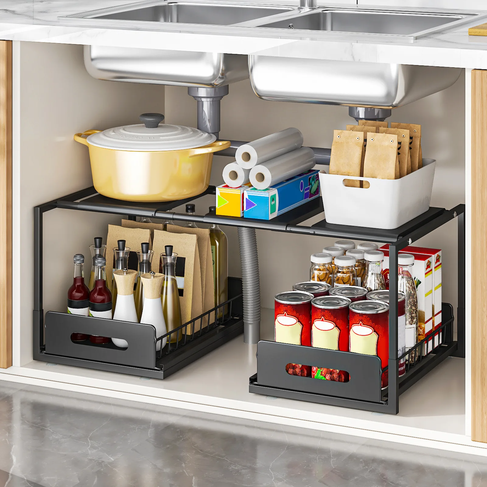 

Kitchen Lower Sink Shelf Layered Rack in Cabinet Bathroom Basket Household Multifunctional Retractable Storage Rack