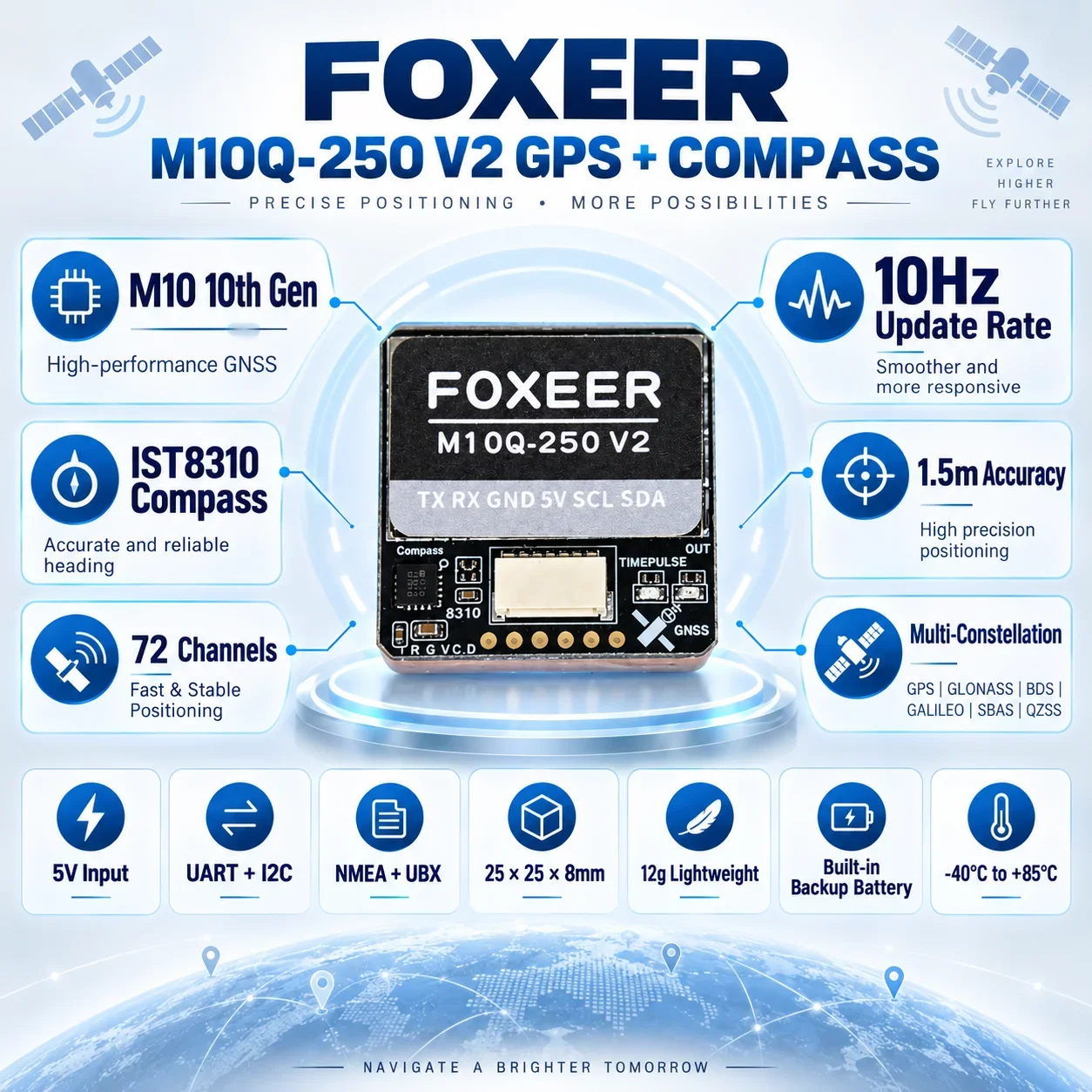 FOXEER M10Q-250 V2 GPS Module IST8310 Compass GNSS 1.5m Accuracy 5V UART I2C Multi-Constellation For FPV Drone Navigation Setup