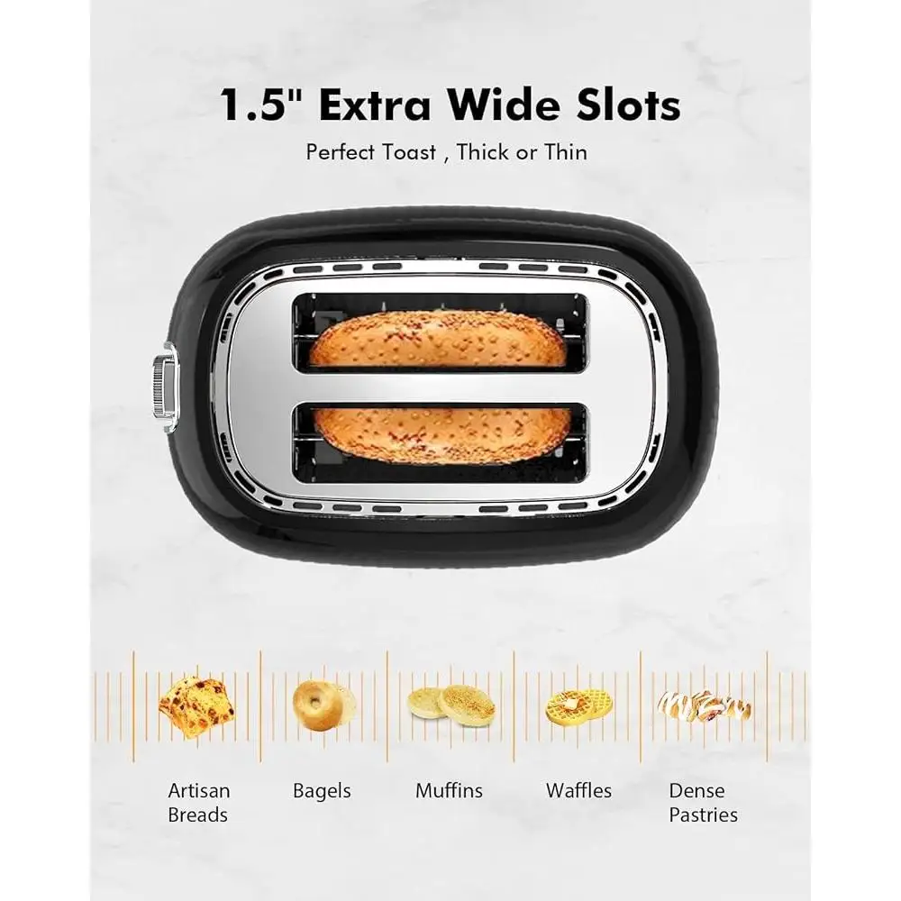 Тостер с широким отделением и 2 ломтиками, 6 настроек оттенка, автоматическое отключение, ручной подъемник, легко очищаемый лоток, идеальные бублики, вафли