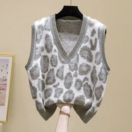 용수철 레오파드 스웨터 조끼, V넥 뜨게 탱크 탑, 한국 풀오버 스웨터, 올 매치 민소매 상의 티, 가을  Best5