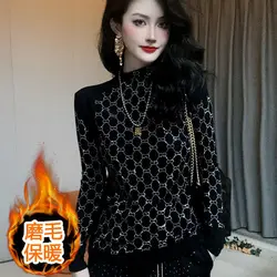 Women's Semi High Neck Autumn and Winter New Hot Pressed Diamond Round Grid Stylish Bright Diamond T-shirt Slimming Base Shirt