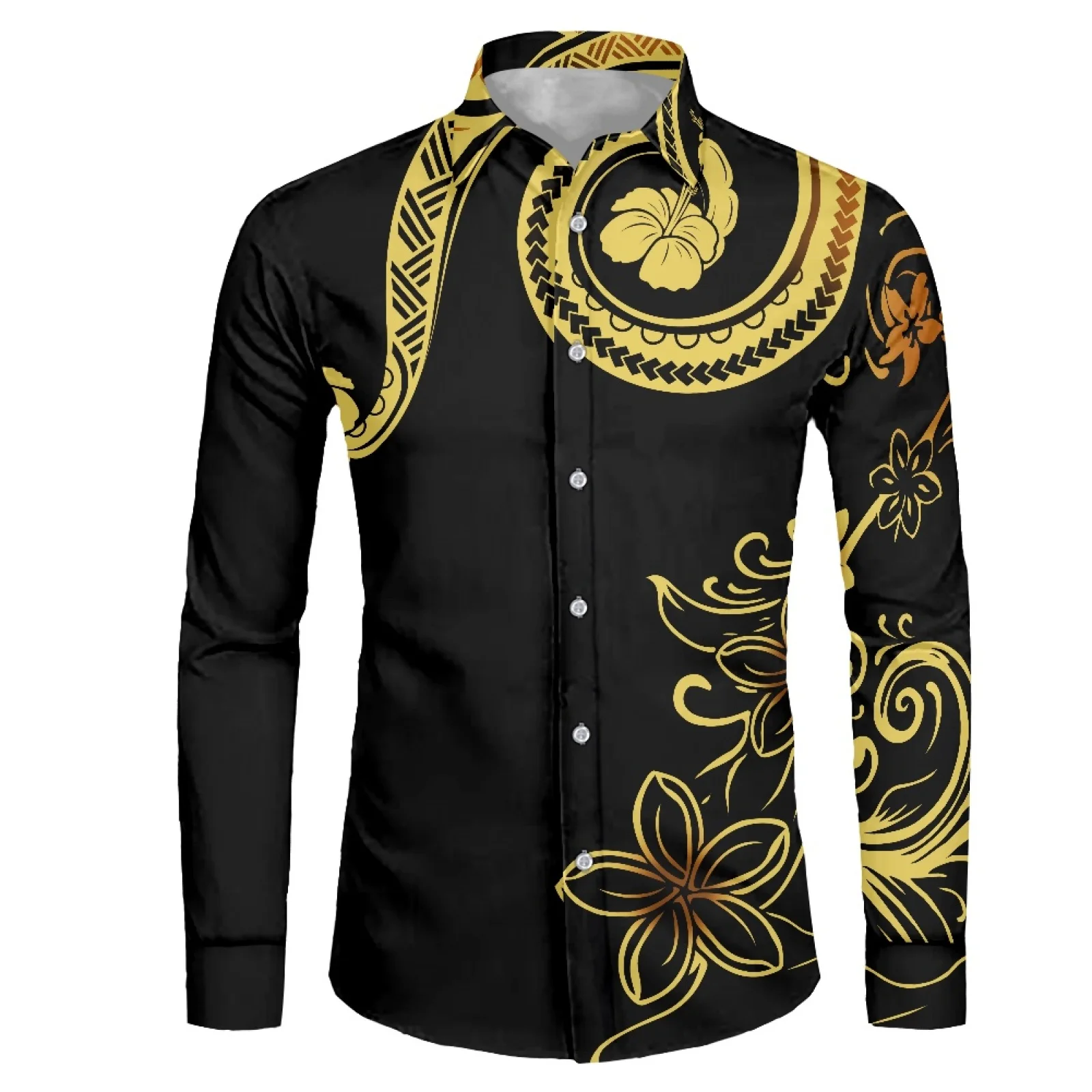 

Gold Deluxe Design Tradition Tribe Mens Shirt Frangipani Print Stand-up Collar Fall Shirt 6XL Long Sleeve Buttons Men's Shirt