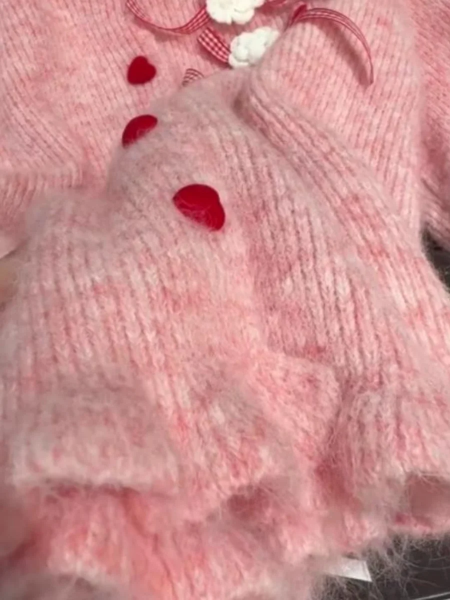 الكورية نمط القوس الوردي سترة أنيقة القلب زر سترة محبوك سترة المرأة الحلو الخيط Selvedge بأكمام طويلة