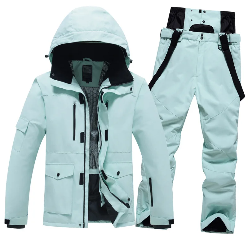 

Men and Women Snow Suit Sets Snowboarding Clothing Male Female Fashion Ski Costumes Waterproof Winter Wear Jackets Strap Pants