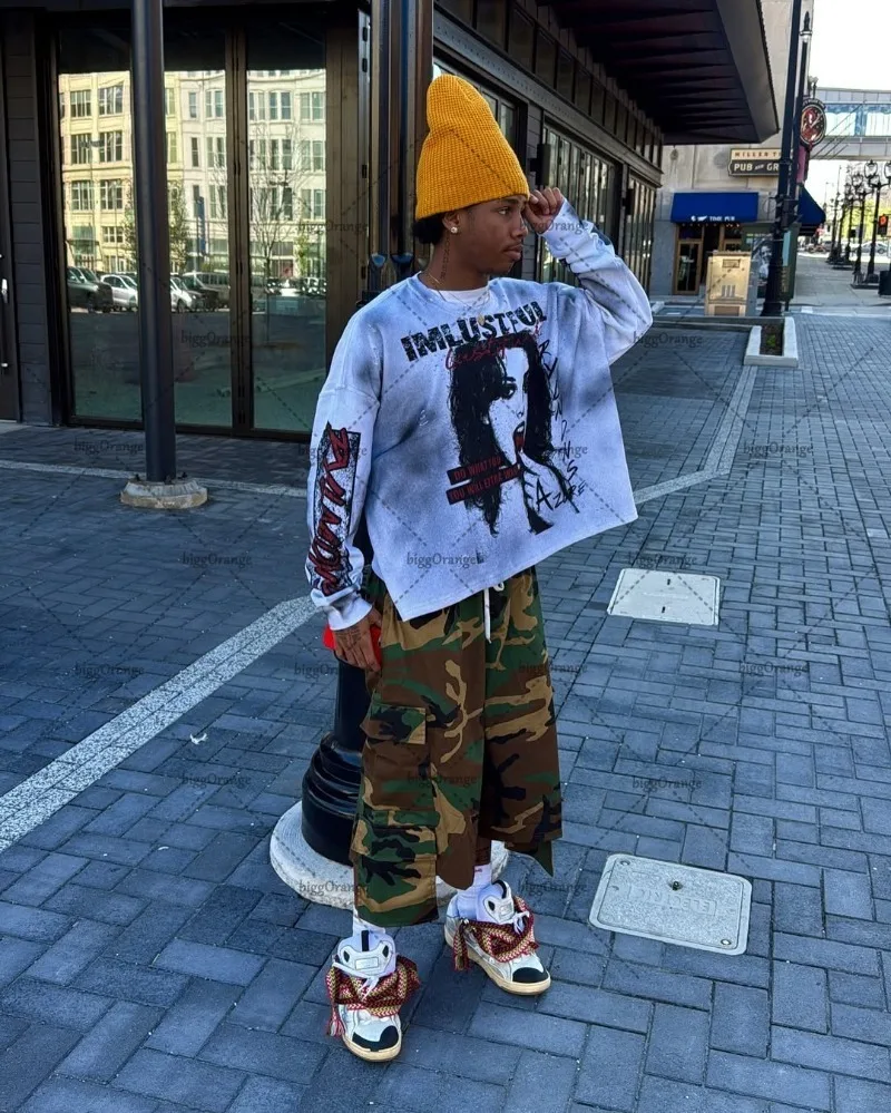 

New Hip-hop Y2K Harajuku Retro Graphic Top Men High Street Gothic Letter Oversized T-shirt Long Sleeve Casual Streetwear Women