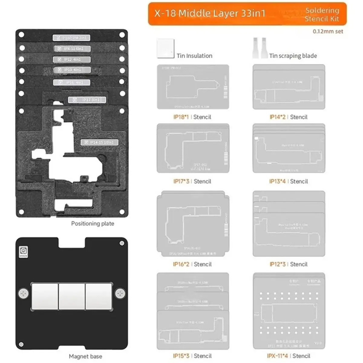 X-18 33 in 1 Middle Layer Reballing Stencil Station Kits for X 11 12 13 14 15 16 17 18 Plus Pro Max Fixture Tools