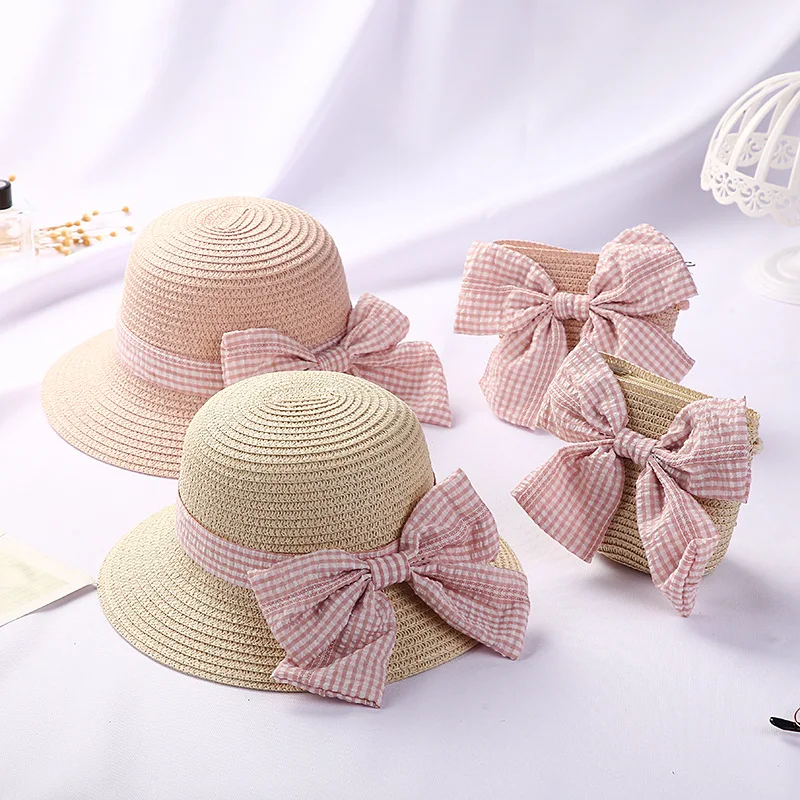 Girls Sun Straw Hat Kids Summer Beach Packable Hats Cute Floppy Cap Adjustable Size with Chin Strap for 5-10 Years