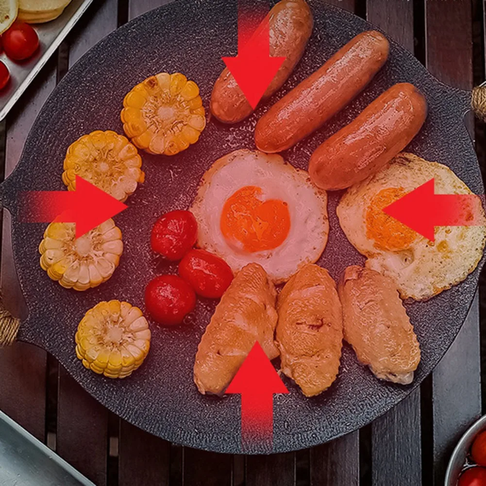 두꺼운 캐스트 다리미 프라이팬, 평평한 팬케이크 철판, 논스틱 바비큐 그릴 인덕션 쿠커, 오픈 플레임 요리 냄비, 35cm