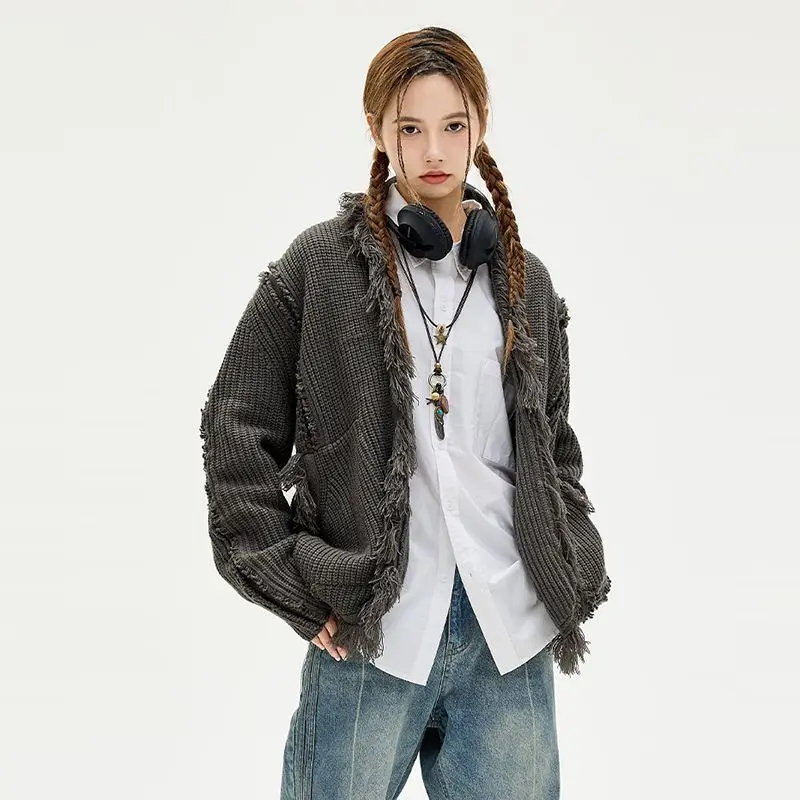China-Chic Vintage Tassel Coarse Sweater Coat Men's and Women's Autumn and Winter New Loose Couple Knitted Cardigan