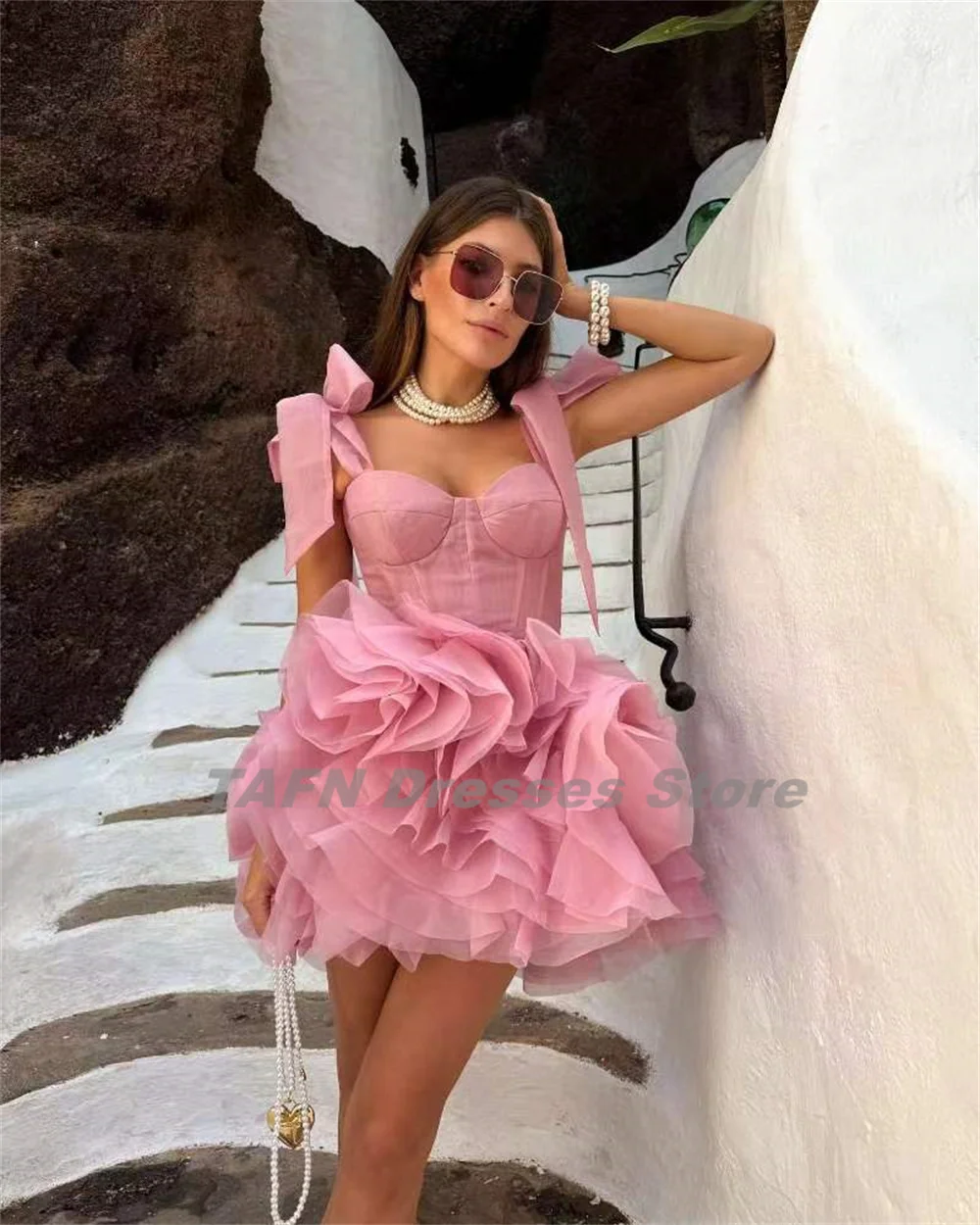 TAFN-precioso vestido de graduación Rosa plisado con tirantes para los hombros, vestidos de noche con escote Corazón, Mini batas románticas hechas a medida