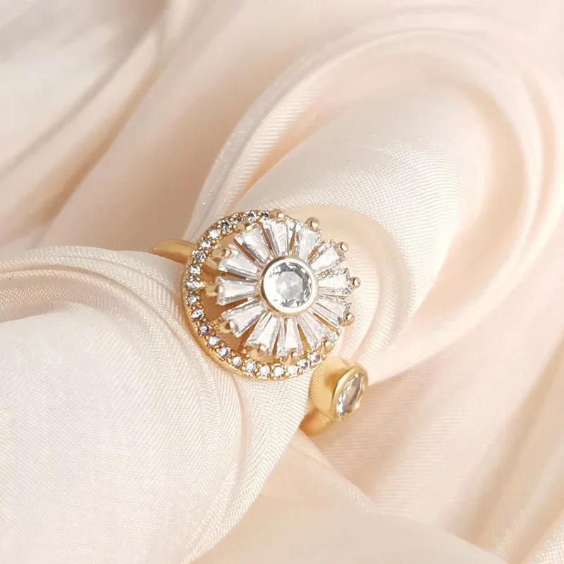 2023 New Fidget Spinner Rings for Women Cubic Zirconia Sunflower Anxiety Rings Rotatable Rings Adjustable Calming Worry Rings
